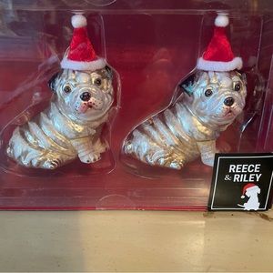 Adorable PUG Bulldog Santa Hats Glass Holiday Ornaments NEW Boxed Set of 2
